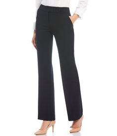 From Calvin Klein&#x2C; these pants feature:luxe stretch seasonless fabricationflat front silhouetterelaxed fit through hip and thighwide waistband sits below the waiststraight leg with slight flare bottomfunctional front and back pocketsside seam pocketszipper fly with side button-tab closure; belt loops approx. 32.5" inseam; 9.5" front rise; 14" back risepolyester/rayon/spandexdry cleanImported. Tailored Mid-rise Bottoms With Belt Loops, Elegant Stretch Straight Leg Work Pants, Elegant Stretch Work Pants With Straight Leg, Formal Mid-rise Bottoms With Belt Loops, Workwear Bottoms With Belt Loops And 4-way Stretch, Chic Mid-rise Wide Leg Pants For Business Casual, Stretch High-waisted Pants For Business, Tailored Mid-rise Office Bottoms, Tailored Mid-rise Bottoms For Office