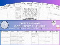 the game design document planner is shown in four different colors and sizes, with text overlay