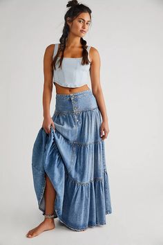 Dreamweaver Maxi Skirt | Free People Summer Denim Tiered Maxi Skirt, Denim Tiered Maxi Skirt For Summer, Casual Tiered Skirt With Button Closure, Summer Tiered Skirt With Buttons, Bohemian Denim Maxi Skirt For Spring, Spring Bohemian Denim Maxi Skirt, Spring Maxi Skirt Outfit, Boho Skirt Pattern, Maxi Jean Skirt