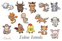 the zodiac animals are all drawn in different colors and sizes, including one with an animal's head