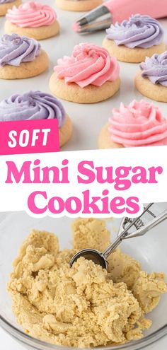 soft mini sugar cookies with pink and purple frosting in a glass bowl on a white surface