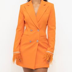 This Julie Blazer Dress Is Perfect For Sophisticated Style. It Features Sophisticated Feather Crystal Accents, And A Unique Backless Design. The Intricate Details Will Have You Looking Your Best. Materials: 97% Polyester 3% Elastane Product Origin: Imported Washing Instructions: Dry-Clean Only Chic Orange Mini Dress For Formal Occasions, Chic Orange Formal Mini Dress, Elegant Orange Mini Dress For Formal Occasions, Orange Blazer Dress, Yellow Floral Summer Dress, Boho Fits, Miss Circle, Animal Print Blazer, Orange Blazer