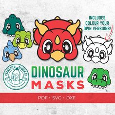 PRINTABLE DINOSAUR MASKS ----------------------------------------- These masks are amazing to get the kids into the dinosaur spirit and give them hours of fun! There are 5 unique mask designs, each available to print as a full colour version and a black and white colour your own version. They are included in PDF for standard printing and SVG / DXF if you have a print and cut machine like a Cricut so you don't need to cut the masks out by hand. All masks are included in Letter and A4 sizes. FULL Dinosaur Mask Printable Kids, Dinosaur Mask Printable, Dino Masks, Toddler Organization, Dinosaur Mask, Printables On Etsy, Dinosaur Printables, Printable Masks, Unique Masks