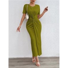 -Item Id 36592148 -Details: Twist -Neckline: Round Neck -Sleeve Type: Regular Sleeve -Style: Casual -Type: Fitted -Waist Line: High Waist -Hem Shaped: Straight -Color: Green -Pattern Type: Plain -Sleeve Length: Short Sleeve -Fit Type: Slim Fit -Length: Long -Material: Knitted Fabric -Composition: 95% Polyester, 5% Elastane -Care Instructions: Machine Wash Or Professional Dry Clean -Sheer: No -Fabric: Medium Stretch -Pockets: Yes **Open To Offers!!!** **Bundle To Save More** **30% Off Bundles Of Green 3/4 Sleeve Maxi Dress For Vacation, Stretch V-neck Maxi Dress In Solid Color, Stretch V-neck Solid Color Maxi Dress, Green V-neck Stretch Sleeveless Dress, Green V-neck Maxi Dress With Button Closure, Dress For Summer, Feel Beautiful, Classy Chic, Twist Front