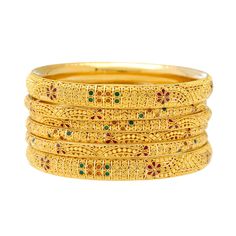 The bright enamel details used alongside the filigree design of these 22k gold Indian bangles adda vibrant look and feel to the traditional design. Features: • 22k yellow gold • Enamel • Filigree • Set of six (6) banglesIf you're looking for quality 22k gold Indian bangles then look no further than Virani Jewelers! Our gorgeous Indian gold bangles have one of a kind details and stunning accents that you'll have to see to believe. Whether you're shopping for gold jewelry to add to your everyday l Traditional Filigree Bangle For Festive Occasions, Festive Yellow Bangle Jewelry, 22k Gold Bangle For Diwali, Yellow Gold Meenakari Bangle For Diwali, Festive 22k Gold Cutdana Bangle, Traditional Yellow Gold Bangle With Intricate Design, Traditional Yellow Bangle For Diwali, Festive 22k Gold Bangle, Traditional Yellow Bangle Jewelry