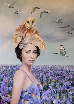 a painting of a woman with an owl on her head in a field of flowers