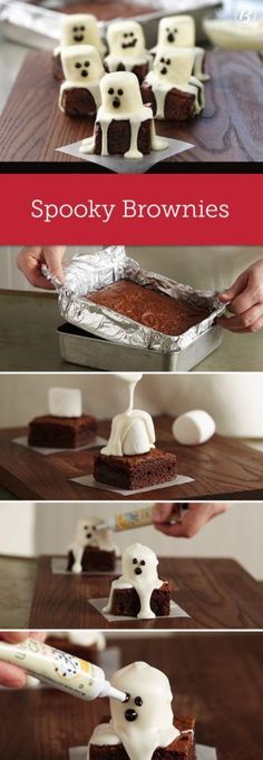 someone is decorating some brownies with marshmallows on top and white frosting on the bottom