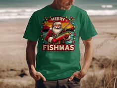 Celebrate the holidays with this hilarious Merry Fishmas T-shirt! Perfect for anglers, this shirt features Santa with a festive fish, combining your love for fishing and Christmas cheer. A great gift for fishermen or anyone who enjoys a good laugh during the festive season. Light-hearted and fun, it's the perfect addition to any holiday outfit. Product Features: Fabrication: Medium fabric (6.0 oz/yd² (203 g/m Seams: Without side seams Fit: Classic Fit Sizing: Runs bigger than usual Label: Tear-away label Christmas Fishing, Merry Fishmas, Fishing Gift, Funny Fishing, Christmas Graphic, Holiday Humor, Holiday Outfit, Christmas Deals, Fishing Gifts