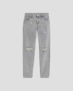 Take your style to the next level with these grey tattered denim pants. They feature a slim fit and distressed denim design that you'll love to flaunt. Make a bold statement and show off your unique sense of style! Gray Distressed Jeans For Streetwear, Trendy Gray Jeans With Five Pockets, Casual Gray Distressed Jeans, Gray Ripped Jeans For Streetwear, Gray Ripped Cotton Jeans, Gray Ripped Straight Leg Bottoms, Gray Ripped Jeans For Fall, Ripped Gray Jeans For Fall, Gray Distressed Denim Jeans