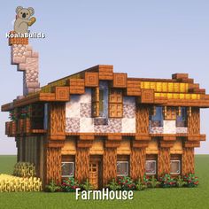 an image of a house made out of wood and bricks with the words farmhouse on it