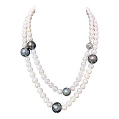 Luxury Tahitian Pearl Necklace Fine Jewelry, White Akoya Pearl Necklace With Gemstone, Double Strand Akoya Pearl Necklace In Pearl White, Luxury Tahitian Pearl Round Necklace, White Akoya Pearl Necklace - Fine Jewelry, Tahitian Pearls Jewelry, Akoya Pearl Necklace, Tahitian Pearl Necklace, Pearl And Diamond Necklace