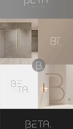 the logo for beta lighting is shown in three different colors and font styles, including white