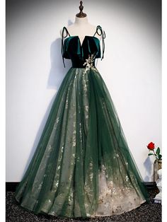 A-Line Glittering Luxurious Engagement Formal Evening Dress Spaghetti Strap Sleeveless Floor Length Organza with Sequin 2022 2023 - US $124.99 Dark Green Prom Dress, Prom Dress Green, فستان زهري, Gold Lace Dresses, Green Tulle, فستان سهرة, Custom Size Dresses, A Line Prom Dresses, Green Prom Dress