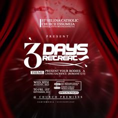 an event poster for the 3 days refresh with red curtains and white lettering on it