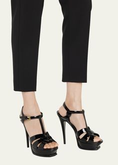 Saint Laurent Tribute Patent T-Strap Platform Sandals - Bergdorf Goodman T Strap Heels, Halter Strap, Leather Platform Sandals, Rose Black, T Strap, Bergdorf Goodman, Womens High Heels, High Heel Sandals, Stiletto Heel