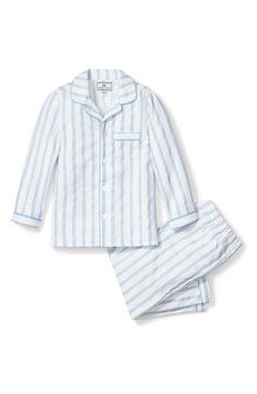 Soft blue stripes sweeten your little one's bedtime routine in these comfy cotton-blend pajamas polished off with smooth piping and pearly buttons. Meets Consumer Product Safety Commission's flammability standards for children's sleepwear Top has front button closure; chest patch pocket Pants have elastic waist 50% cotton, 50% modacrylic Machine wash, tumble dry Imported Knit Pajamas, Pajama Pattern, Classic Pajamas, Striped Two Piece, Cotton Pajamas, Striped Pyjamas, Cotton Pajama Sets, Cotton Pyjamas, Short Pajama Set