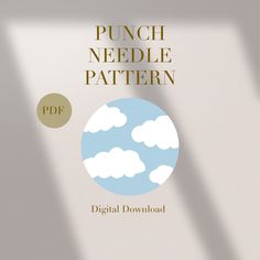 a book cover with the title punch needle pattern in gold and blue clouds on a white background