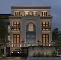 a car is parked in front of a large white building with windows and balconies