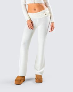 Make any day cuter and cozier with these white knit pants 🤍 Complete with a ribbed fold over top edge and wide leg fit, this piece is the perfect look for grocery store runs, self care days, and everything in between Chic White Winter Pants, White Knit Pants For Spring, Spring White Knit Pants, Winter White Stretch Pants, Chic White Bottoms For Winter, Chic White Winter Bottoms, White Stretch Knit Pants, White Casual Knit Pants, Casual White Knit Pants