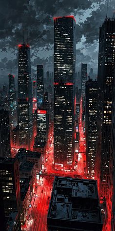 an aerial view of a city at night with red lights on the street and tall buildings