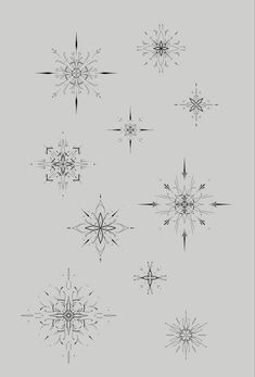 six different types of snowflakes are shown in black and white on a gray background