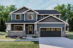 a two story house with gray siding and white trim