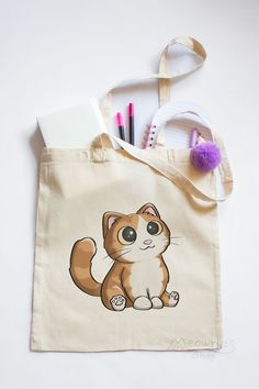 Cute Cat Tote Bag, Cute Shopping Bag, Cat Illustration, Cute Cat Drawing, Cat Shopper Bag, Cute Tote Bag, Canvas Tote Bag Cat Tote Bag Design, Tote Bag Design Ideas Aesthetic, Tote Bag Painting Ideas Aesthetic, Cat Illustration Cute, Cute Orange Cat, Handpainted Tote, Drawing Canvas