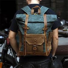 Motorcycle Backpack Large Travel Backpack Hiking Rucksack Laptop Backpack Unisex School Backpack Camping Backpack Outdoor Backpack --------------------------------- Please offer your phone number in order to deliver your orders successfully. --------------------------------- Description: -Waxed canvas and full grain leather -Cotton Lining -Inside one pocket for laptop, one phone pocket, one wallet pocket, one pen slot, one zipper pocket, zipper rolled closure top. -It can hold one 15.6'' laptop, Vintage Green Backpack For Everyday Use, Urban Green Backpack For Travel, Outdoor Satchel Backpack With Adjustable Strap, Satchel Backpack With Adjustable Straps For Outdoor Activities, Durable Green Backpack For Camping, Outdoor Activities Satchel Backpack With Adjustable Strap, Green Backpack For Camping, Functional Large Capacity Leather Backpack For Outdoor, Green Standard Backpack For Camping