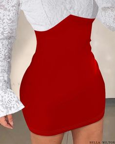 Bella Milton - Stylish Contrast Lace Bell Sleeve Bodycon Dress with Colorblock Design Sheer Mini Dress, Spring Dresses Women, Street Dress, Country Fashion Women, Dresses Spring, Colorblock Dress, Bell Sleeve Dress, Long Sleeve Bodycon, Red Mini Dress