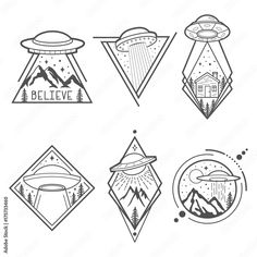 set of hand drawn badges with mountains, houses and flying saucers on white background