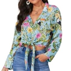 New Without Tags Size Medium Beautiful And So Much Fun Tropical Print Blouse Long Sleeve Button Up With Knotted Tie Polyester # 4 Spring Floral Print Hawaiian Blouse, Tropical Button-up Tops For Spring, Tropical Button-up Spring Tops, Spring Hawaiian Blouse With Floral Print, Spring Tropical Button-up Top, Blue Tropical Print Long Sleeve Top, Blue Long Sleeve Top With Tropical Print, Blue Long Sleeve Tops With Tropical Print, Blue Long Sleeve Hawaiian Top