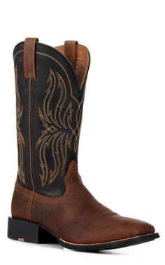 Ariat Men's Sport Rustler Brown and Black Wide Square Toe Cowboy Boot | Cavender's Breathable Black Work Boots, Breathable Rugged Work Boots, Breathable Black Leather Boots, Breathable Brown Boots With Round Toe, Rugged Breathable Leather Boots, Functional Leather Sports Boots, Rugged Brown Sports Boots, Fade-resistant Leather Waterproof Boots For Sports, Sports Leather Waterproof Fade-resistant Boots