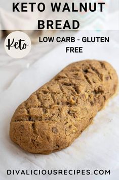 a loaf of keto walnut bread with text overlay