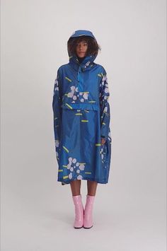 Japanese Blossom - Rain Poncho – Rainkiss Rain Ponchos Blue Outerwear With Kimono Sleeves For Spring, Spring Poncho With Kimono Sleeves, Spring Poncho With Kimono Sleeves, Oversized, Oversized Poncho With Kimono Sleeves For Spring, Blue Cape Outerwear For Spring, Multicolor Long Sleeve Raincoat For Spring, Casual Blue Poncho For Spring, Blue Oversized Poncho For Spring, Oversized Blue Poncho For Spring