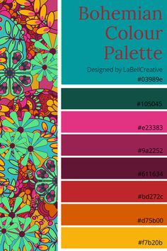 Bold bright bohemian inspired colour palette Colourful Boho Interior, Boho Color Pallet Colour Schemes, Bohemian Inspiration Board, Boho Bright Colors, Bohemian Colorful Living Room, Bohemian Color Pallete, Boho Colours Pallet, Bohemian Palette Colour, Bohemian Colour Scheme