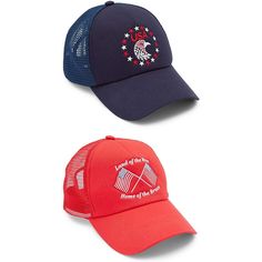 Represent your country in style thanks to this set of patriotic trucker hats for men. Each hat comes in a different color. The blue hat features red and white stars with a bald eagle and says "USA". The red cap features American flags and reads "Land of the Free. Home of the Brave". This set of hats come with an adjustable snap strap to ensure it fits your head. You can gift the caps to friends and family for birthdays and holidays, or simply wear them during the 4th of July, Labor Day, Memorial Patriotic Blue Trucker Hat For 4th Of July, Patriotic Blue Hat For Memorial Day, 4th Of July Baseball Cap, One Size Fits Most, American Style Memorial Day Cap, American Style Cap For Memorial Day, Memorial Day Outdoor Baseball Cap, Outdoor Memorial Day Baseball Cap, Patriotic Adjustable Trucker Hat Baseball Cap, Patriotic Baseball Cap For 4th Of July