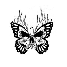 a black and white drawing of a butterfly with flames coming out of it's wings