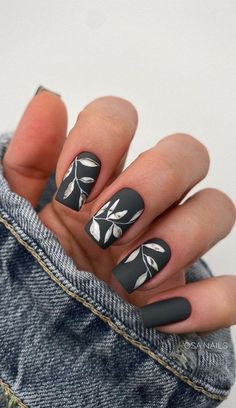 48. White Leaf Matte Black Nails A beautiful dark nail set. The manicure features short navy straight cut nails. Most of the nails have... Matte Black Nails, How To Cut Nails, Daily Nail, Dark Nails, Girls Nails, Dream Nails, Accent Nails, Chic Nails, Short Acrylic Nails