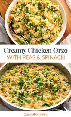 creamy chicken orzo with peas and spinach