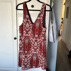 Nwt. Beautiful Embroidery Pattern Deep V Neck Dress Red V-neck Dress For Casual Occasions, Casual Red V-neck Mini Dress, Red V-neck Mini Dress For Dress Down Occasions, Red Bohemian Sleeveless V-neck Dress, Deep V Neck Dress, Anthropologie Dress, Beautiful Embroidery, Embroidery Pattern, Anthropologie Dresses