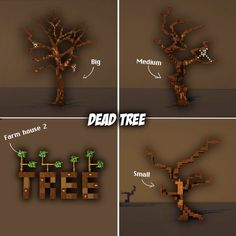 four different types of trees made out of lego blocks, each with the words dead tree