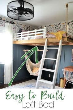 a loft bed with a hammock hanging from it's side and a ladder to the top