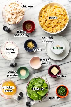 the ingredients for this pasta dish are shown on a marble counter top with their names