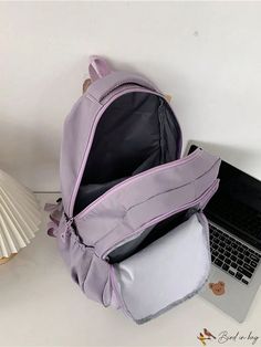 BirdinBag - Medium Zipper Classic Backpack with Letter Patch Decor Student Purple Bag With Zipper Closure, Purple Student Bags With Zipper Closure, Purple Large Capacity Backpack For Study, Student Backpack With Zipper Closure And Softback, Casual Purple Bag, Casual Purple Backpack For Study, Purple Softback Student Backpack, Purple Backpack With Zipper Closure, Casual Purple Backpack With Zipper Closure