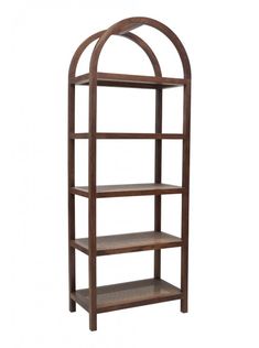 a wooden shelf with two shelves on each side and an arched design at the top