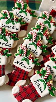 decorated christmas cookies are arranged on a plate