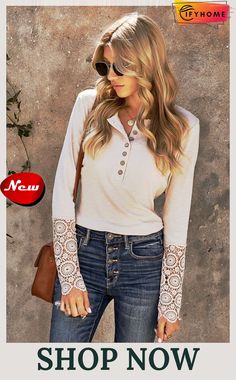 Beige Crochet Lace Hem Sleeve Button Top Lace Splicing, Lace Top Long Sleeve, Button Front Top, Lace Neckline, Bottoming Shirt, Button Top, Lace Hem, White Crochet, Henley Shirts