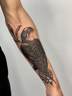 a black and grey bird tattoo on the arm