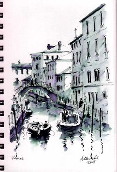 an ink drawing of boats in the water near buildings and people on a boat ramp