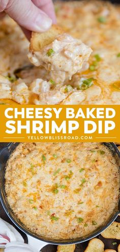 cheesy baked shrimp dip in a cast iron skillet with text overlay